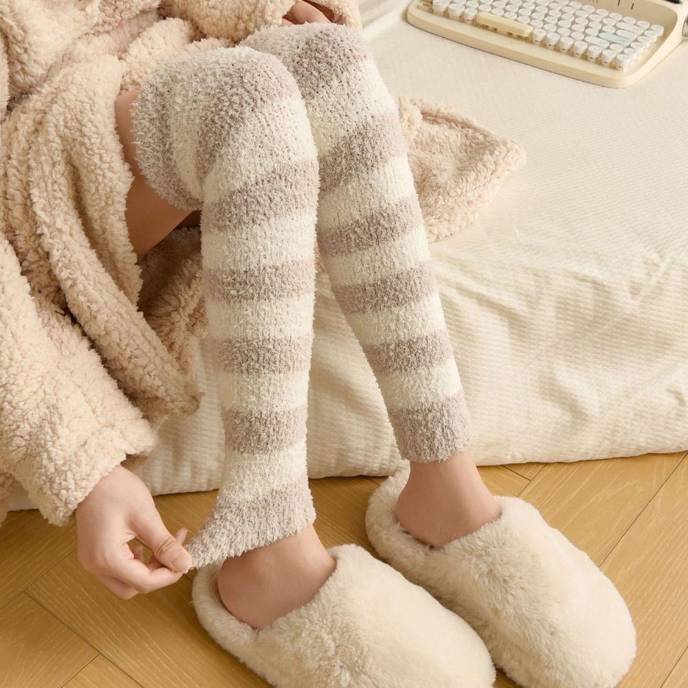 Thicken Warm Long Tube Sock Cover Stripe Floor Plush Stockings Kawaii Foot Warmer Winter
