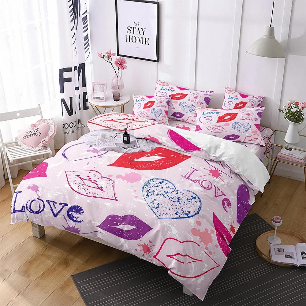 Comforter Lips Polyester Red Heart Valentine'S Day Present For Couple Wife King Queen Size Bedding Set With