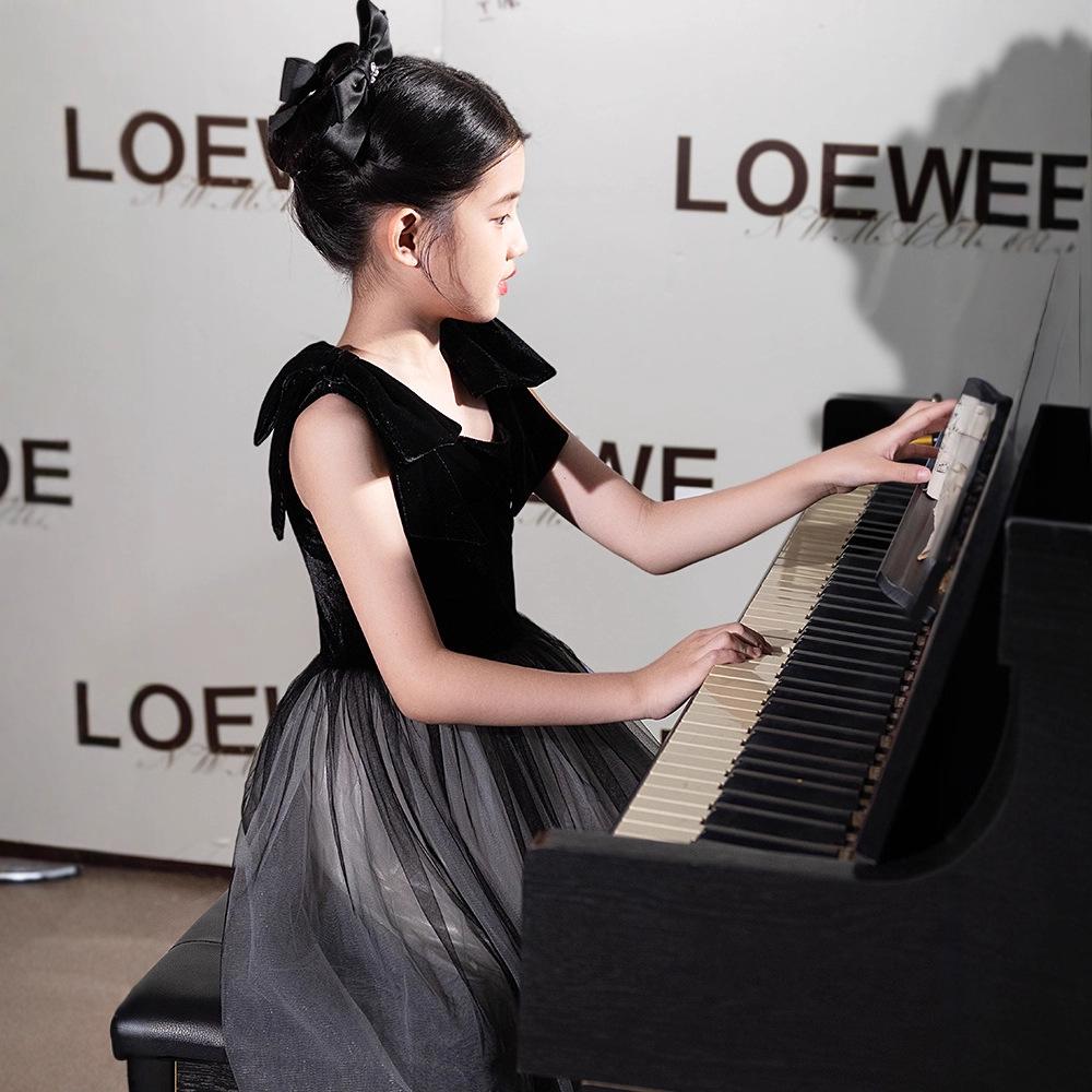 Girls' Black Mesh Formal Choir Dress - Elegant Autumn Performance Costume for Piano & Violin