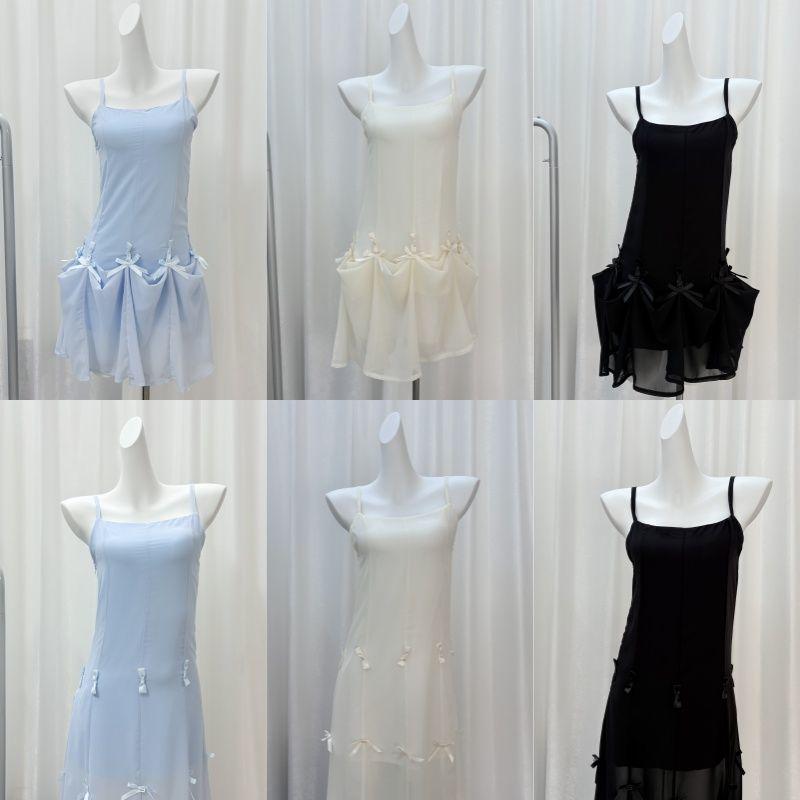 Summer French Bow Strap A-line Dress for Women - Blue Multi-wear Short Skirt