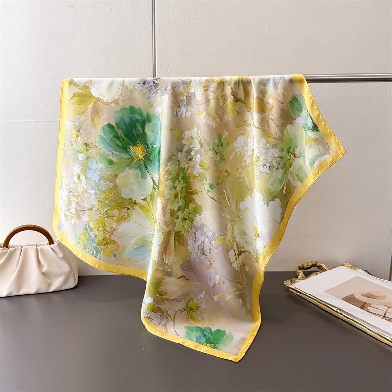 Модные Шелковые Повязки на Голову с Принтом, Платки Женские 2025 Весна Новые Элегантные Цветочные Банданы, Платки на Шею, Повязки на Голову, Платки Женские 70x70cm