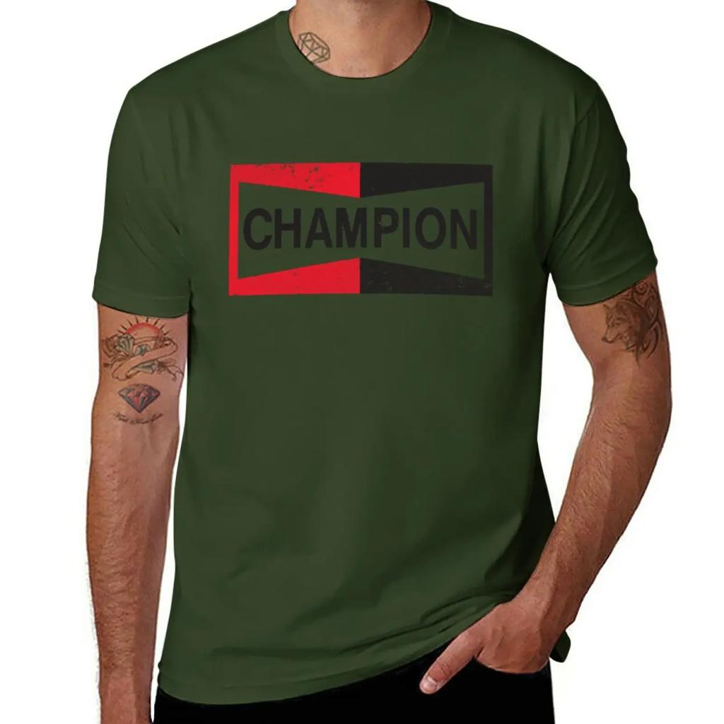 Summer Tops Tee Shirt Short Sleeve Fitted T Shirts for Men New CHAMPION - Spark Plug Retro Distressed Emblem - Cl T-Shirt Cotton