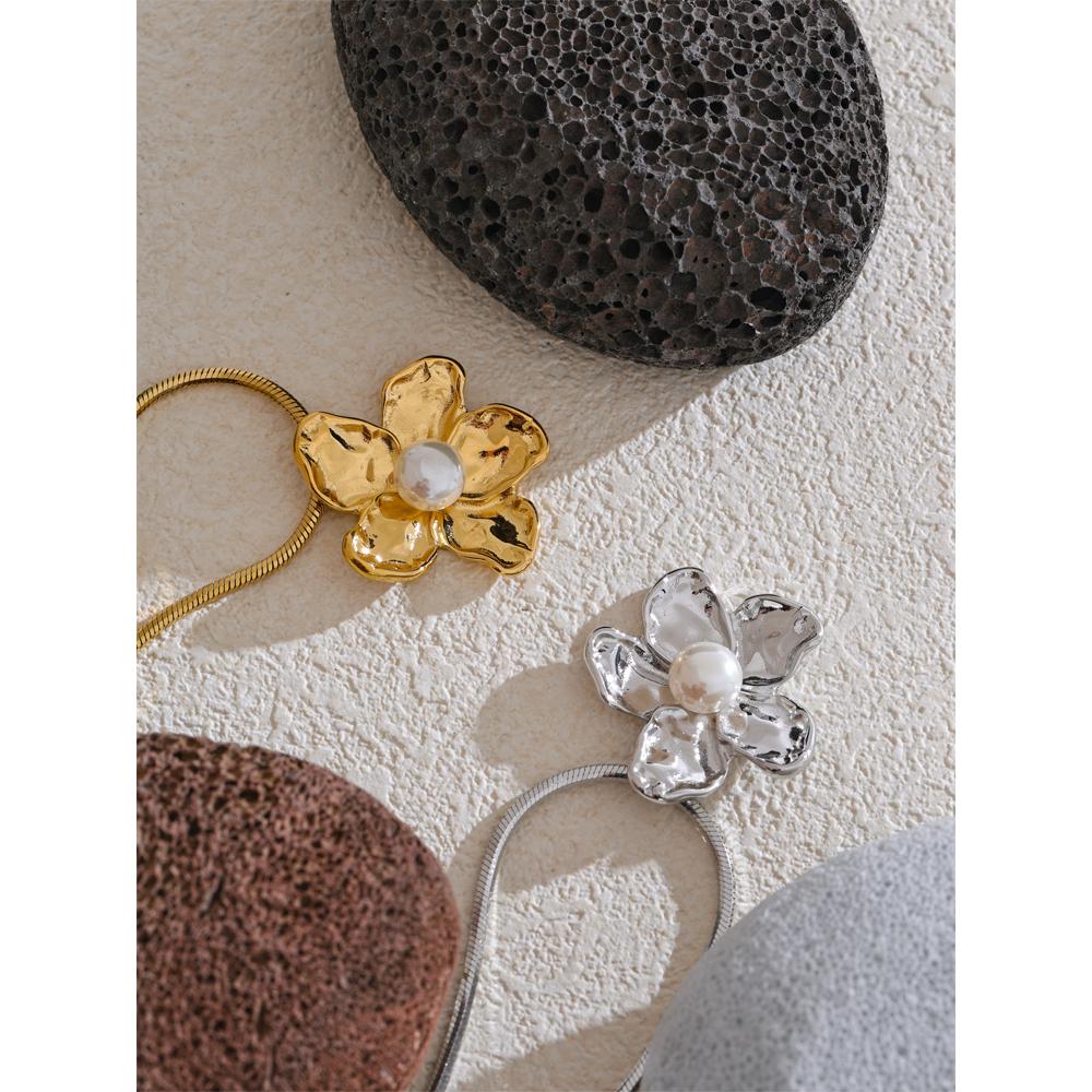 Yhpup 47+7cm Neuankunft Edelstahl Eingelegte Perlen Metall Blume Trend Anhänger Halskette Elegant Mode Beliebter Schmuck