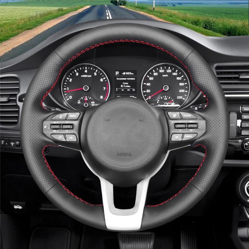 Schwarzer Kunstleder-Lenkradbezug mit rotem Marker, handgenäht, rutschfest, für Kia Rio Rio5 K2 Picanto Morning 2017 2018 2019