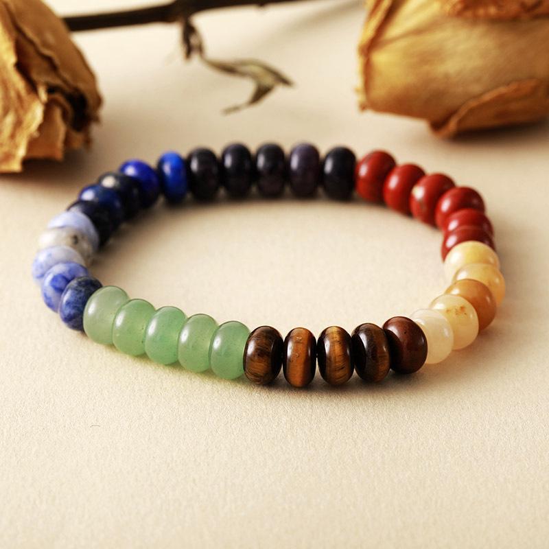 Premium Natural Stone 7 Colored Stone Chakra Handmade Beaded Elastic Couple Bracelet Bracelet Japanese Jewelry