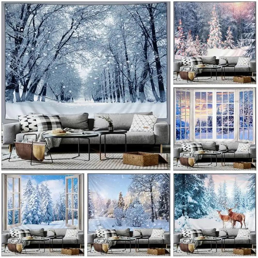 Winter Forest Snow Scene Tapestry Wall Hanging Christmas Tree Happy New Year Bedroom Living Room Home Decoration