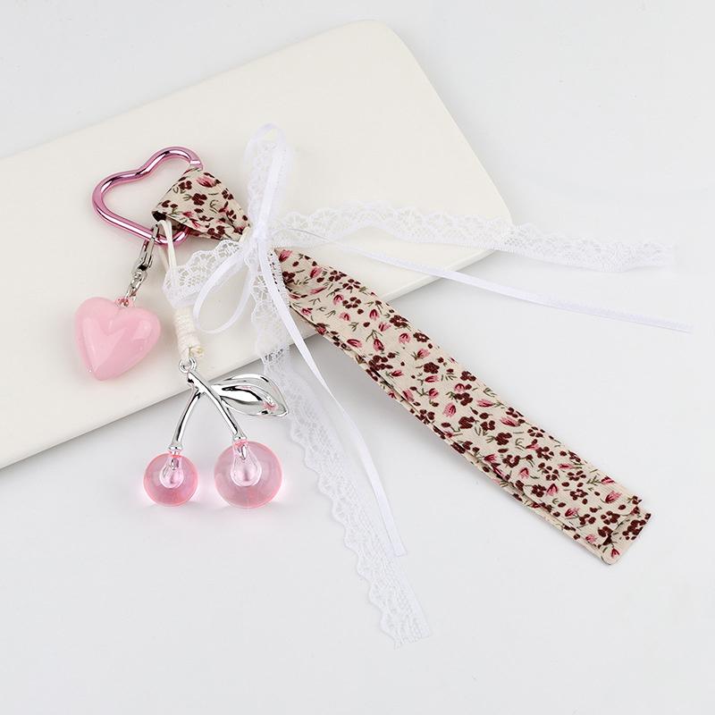 

Sweet Floral Lace Ribbon Bowknot Cherry Love Keychain Pendant Phone Charm Heart Keyring Elegant Woman Bag Hanging Ornament Gifts