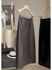 Women's Coffee PU Leather Mid-Length High-Waisted A-Line Pencil Skirt with Slit