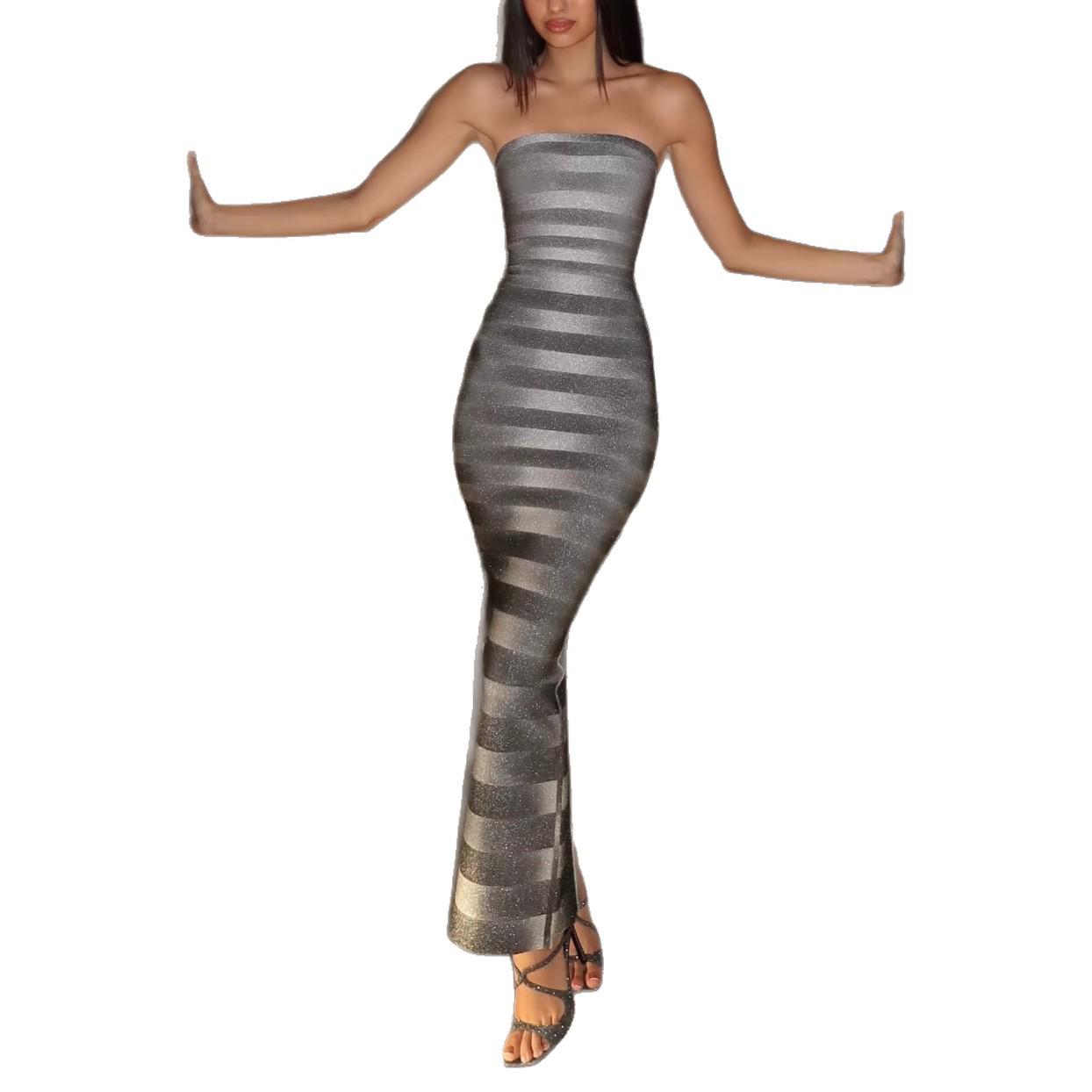 

2025 Shiny Striped Slim Fit Dress for Europe and America Large серый