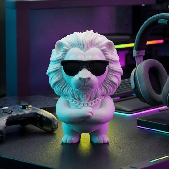 3D Printed Lion Figurine Funny Cool Lion Statue with Sunglasses Collectible Desktop Ornament for Home Office Executive Desk Decor