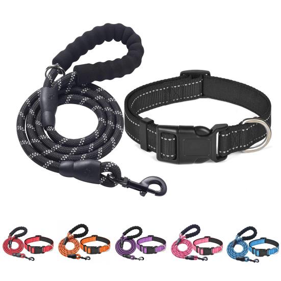 Reflective Dog Collar And Leash Set 5FT Traction Rope Nylon Pet Collar with Soft Neoprene Padding for Small Medium Large Dogs