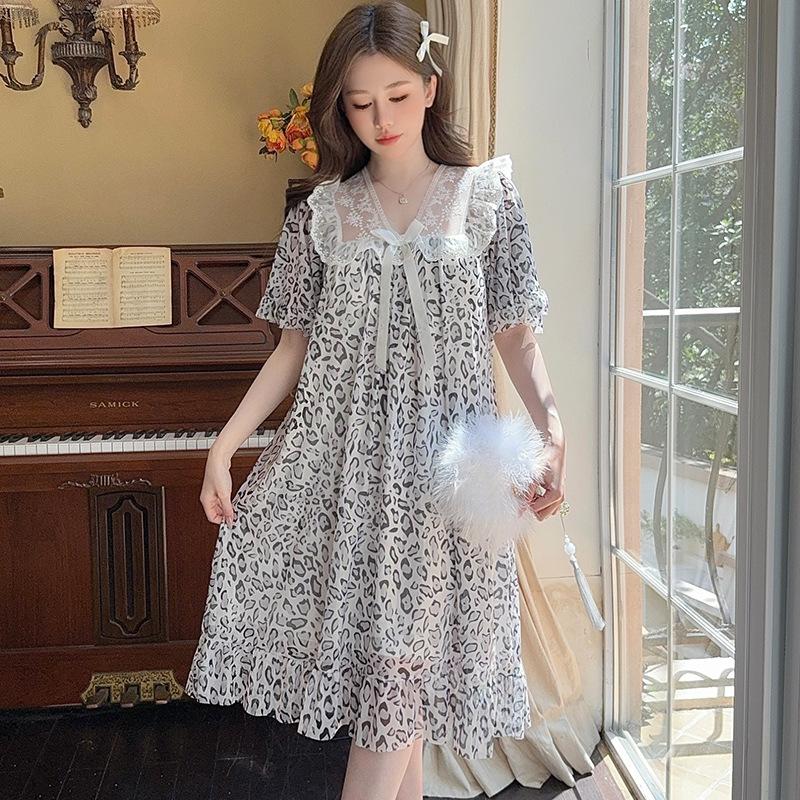 Linglei Summer Printing Color Lace Bow Mesh Court Princess Style Long Nightdress Pajamas Loungewear Women