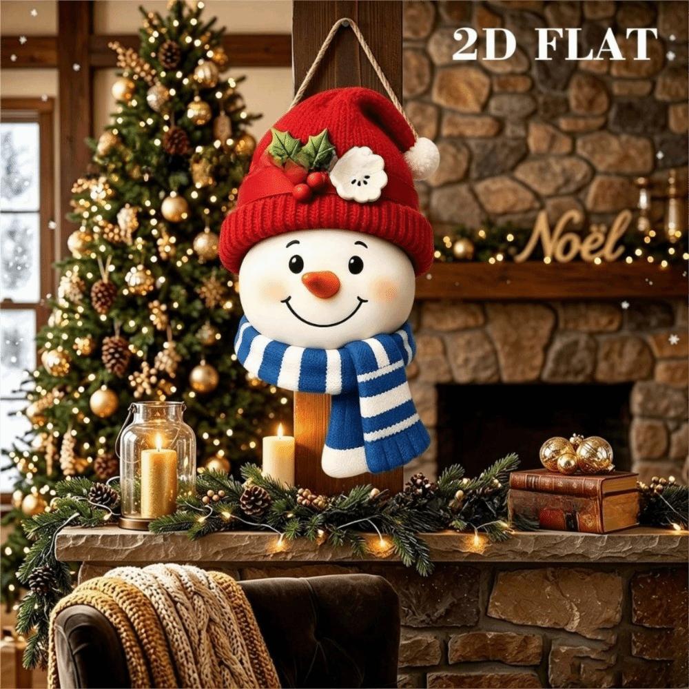 Wooden Snowman Decoration Ornaments Flower Wreath Wall Decoration 2D Flat Design Rural Style Christmas Hanging Plate Outdoor Use