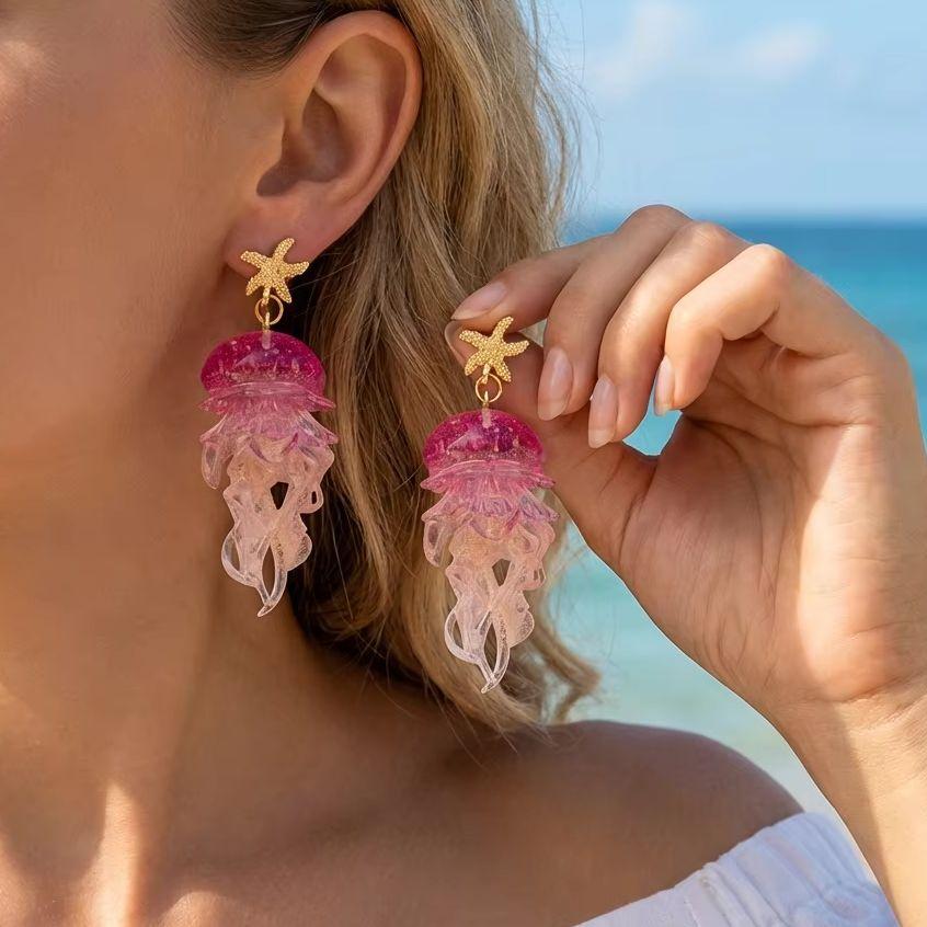 Creative Acrylic Graduated Jellyfish Pendant Earrings for Women Dreamy Pink Animal Earrings Summer Party Jewelry Accessories