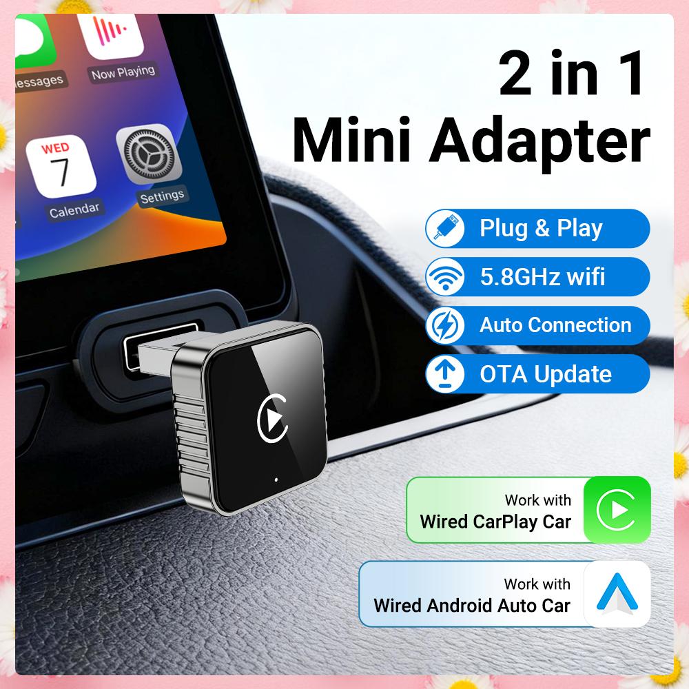 2in1 Mini Box Wired To Wireless CarPlay Mini Box Android Auto Adapter Smart Box BlueTooth WiFi Connect Plug&Play Universal Mini