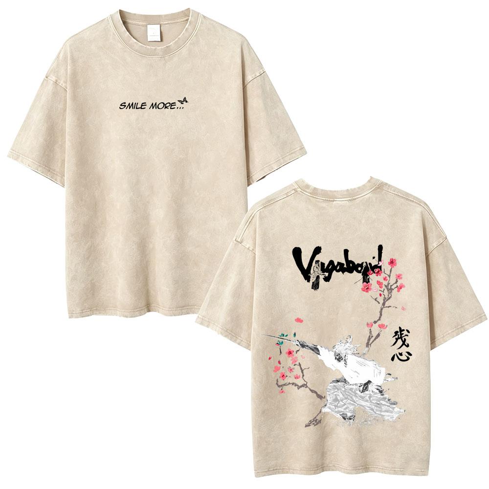 Gewaschenes Vintage Anime Vagabond Miyamoto Musashi Kirschblüten Grafik T-Shirt Herren Damen Lässiges Oversized T-Shirt 90er Jahre Streetwear