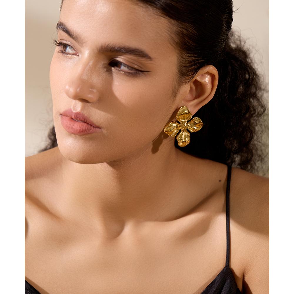 Yhpup Waterproof Stainless Steel Flower Stud Earrings 18k Gold Color Plated Metal Texture Fashion Jewelry for Women Gala Gift