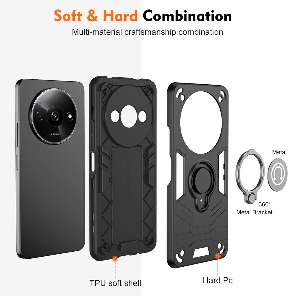 KEYSION Shockproof Armor Case for Redmi A3 Slide Camera Lens Protection Ring Stand Phone Back Cover for for Xiaomi POCO C61