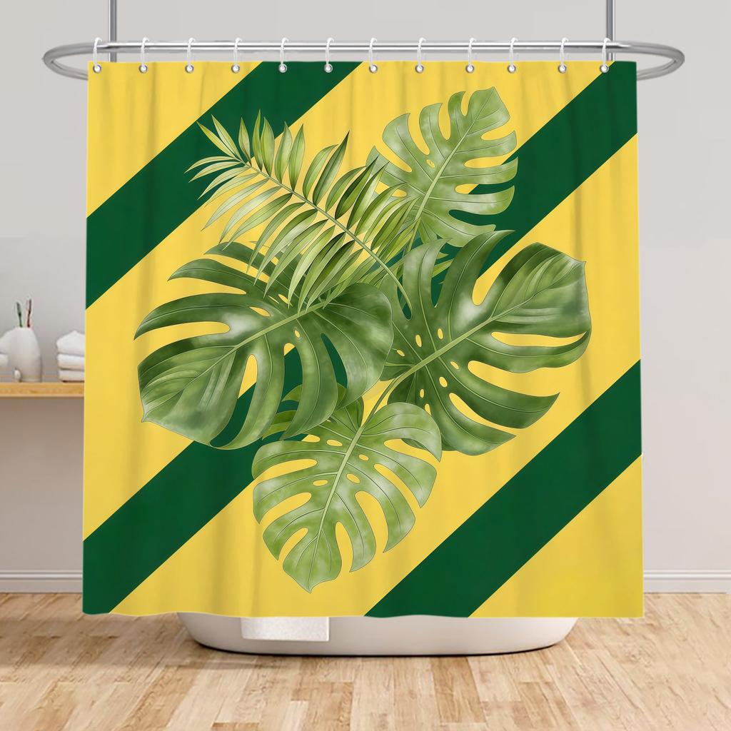 Tropical Rainfores Bathroom Shower Curtain Plant Green Leaves Simple Line Decor Waterproof Bathtub Bathroom Curtain With Hooks