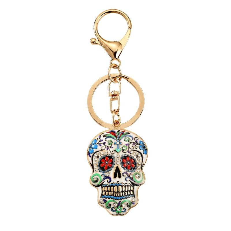 Halloween Skull Keychain Charm, Floral Skull Bag Charm with Alloy Hardware, Lobster Clasp and Round Key Ring for Keys