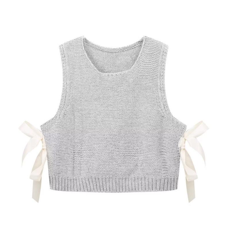 

Autumn Women s Fashion: European & American Knitted Sweater Vest with Side Bow Button Large серый