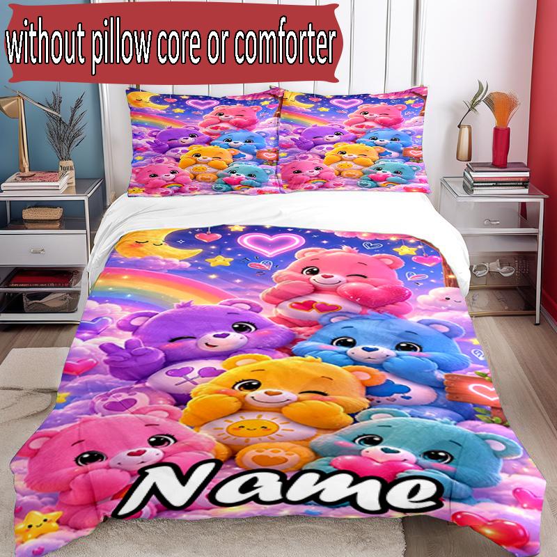3'lü Nevresim Takımı (1*Nevresim Kılıfı + 2*Yastık Kılıfı, Çekirdeksiz), Kişiye Özel İsimli Care Bears Desenli Nevresim Takımı, Ev Yatak Odası Dekorasyon Hediyesi