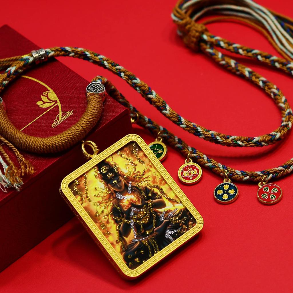 Hand-Painted Gold Thangka Zodiac Amulet Necklace with Guardian Deities Pendant