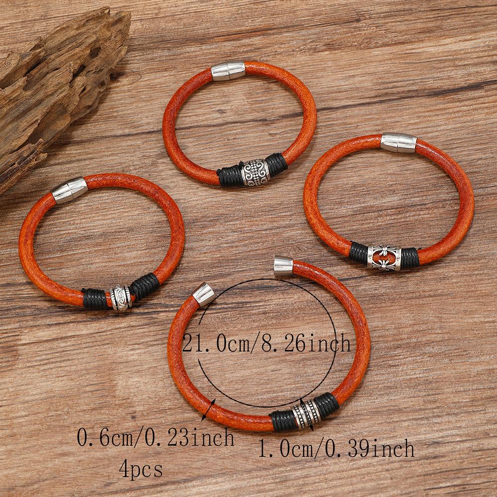 Skeleton Floral Leather Bracelet Men Women Vintage Silver Jewelry Alloy Magnetic Clasp Men Brown Cowhide Wrist Armband