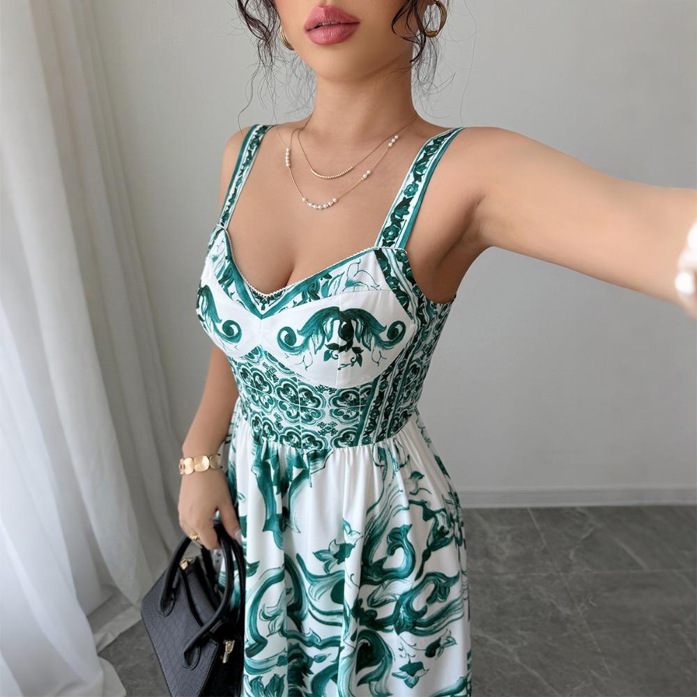 Casual Simple Suspender Printed Long Skirt Dress Women's Autumn and Winter 2025