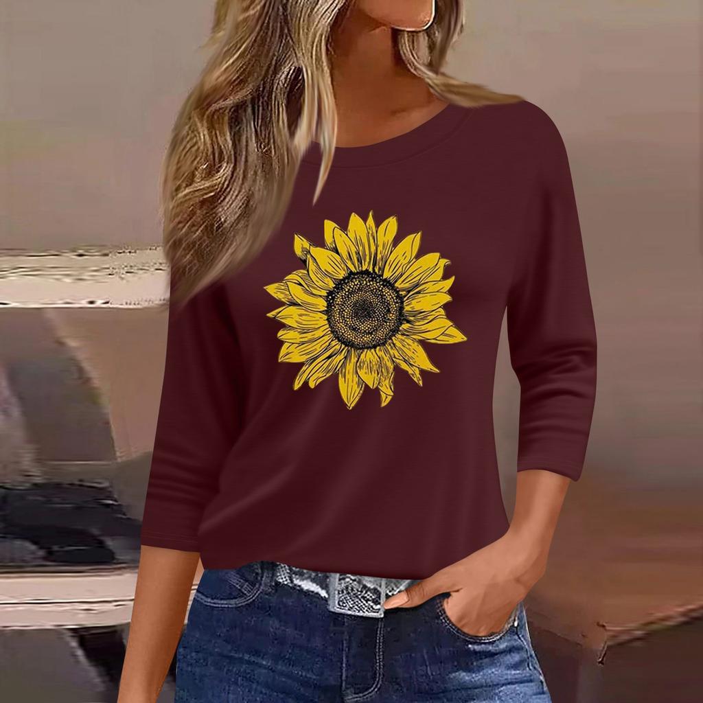 Women's Fashion Casual Round Neck 3/4 Sleeve Loose  Printed T-Shirt Ladies Top