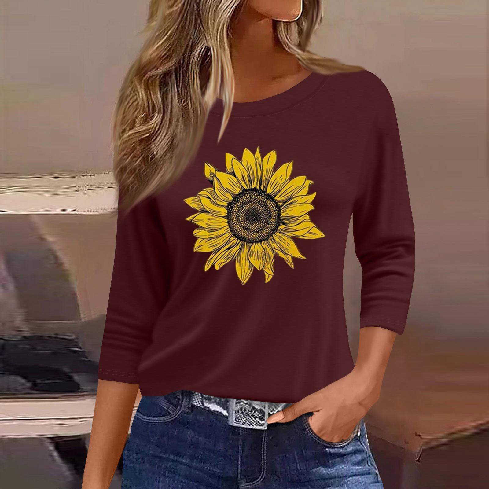 

Women s Fashion Casual Round Neck 3/4 Sleeve Loose Printed T-Shirt Ladies Top XXL винний