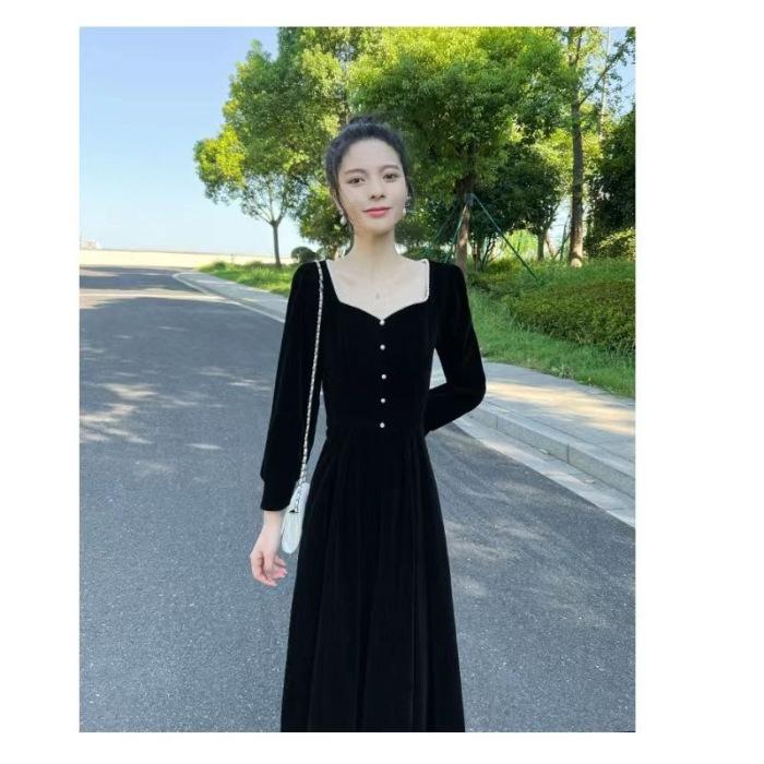 French elegant autumn and winter golden velvet dress female Hepburn waist thin gentle temperament retro dress long dress S