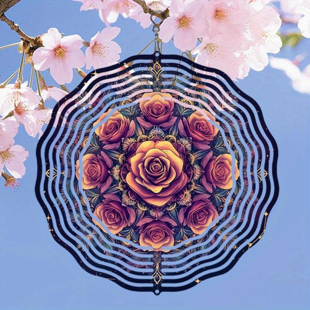 Metalowy dzwonek wietrzny 2D Kalejdoskop Róży Zewnętrzna Wisząca Dekoracja do Ogrodu Podwórka z Hakiem Obrotowym 360 Łatwa Instalacja Nie Wymaga Zasilania