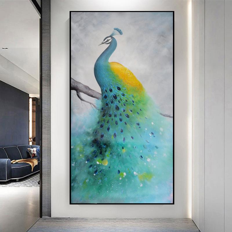 New Chinese Style Light Luxury Peacock Phoenix Canvas Painting Wall Art Abstract Golden Animal Posters for Porch Room Wall Decor