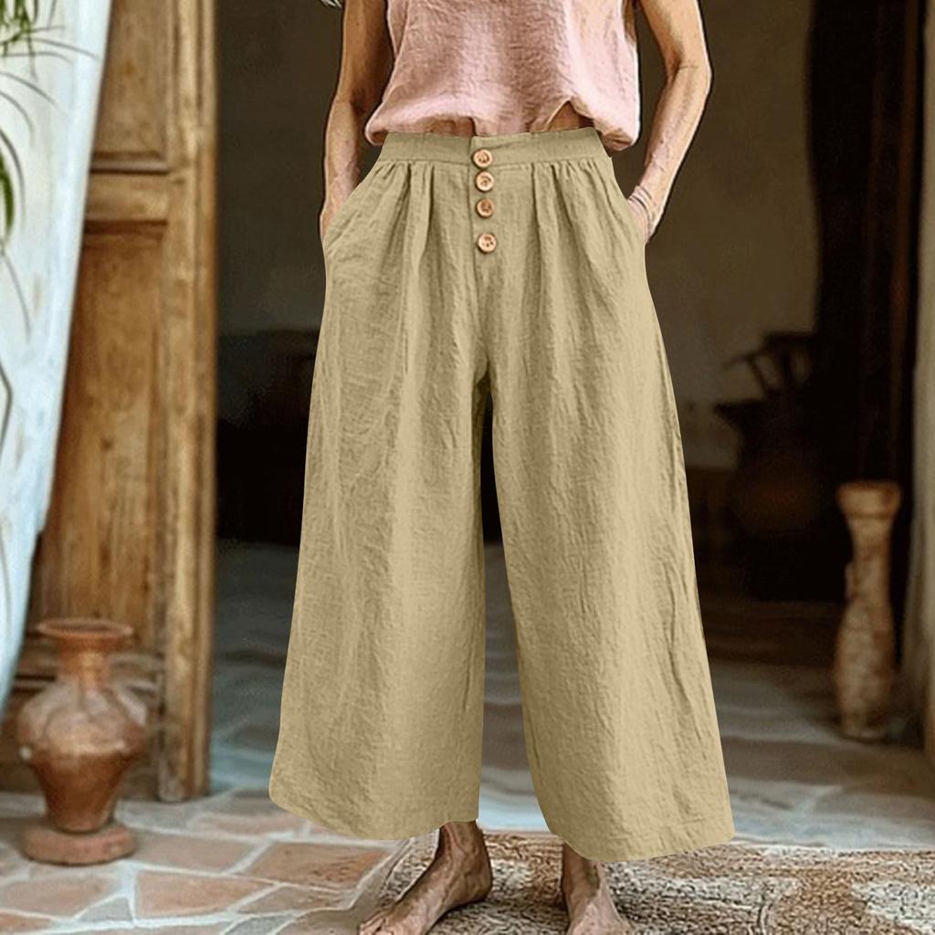 Wide Leg Cropped Pants for Women High Waist Button Front Loose Fit Casual Trousers with Pockets Lightweight Fabric