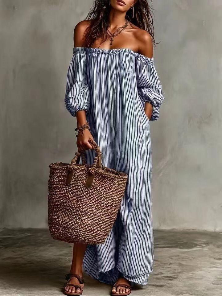 2026 European and American Independent Station Spring and Summer Women's Striped Shoulder Long Dress