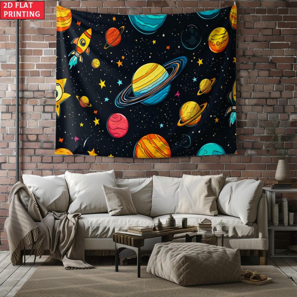 2D Flat, 1Pc Cartoon Solar System Planets Rocket Stars Wall Tapestry Kids Room Outer Space Theme Decor Art Print For Children