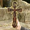 Gold-Trim Natural Log Wooden Cross-Shaped Hanging Art Ornament Wall Decor