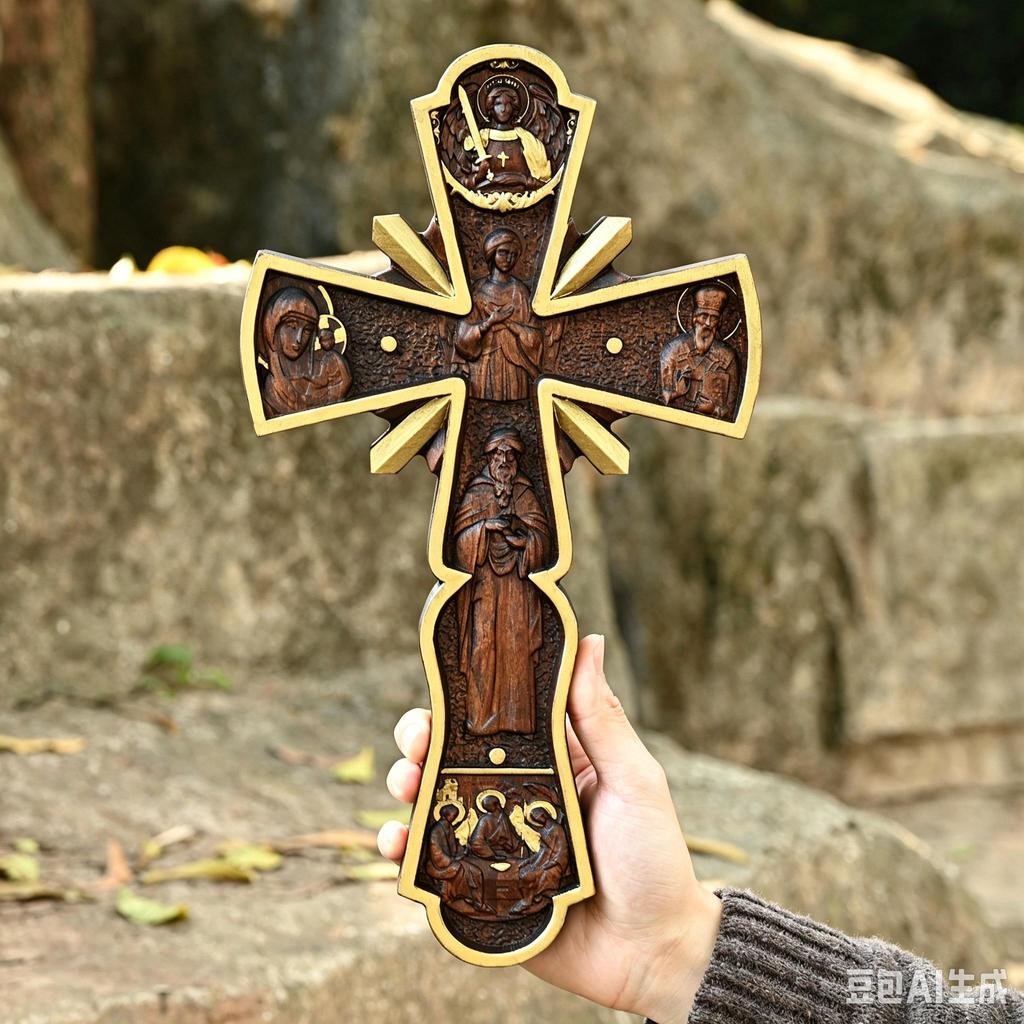 Gold-Trim Natural Log Wooden Cross-Shaped Hanging Art Ornament Wall Decor
