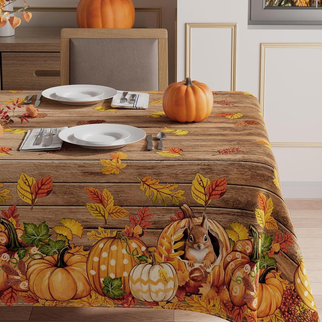 XCHI Fall Squirrel Pumpkin Maple Leaves Wood Tablecloth Rectangle Washable Table Covers for Home Party Decorations 60x84 Inch