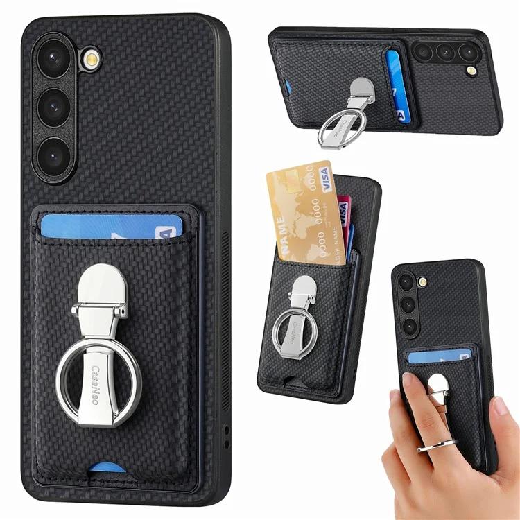 

C1-9 for Samsung Galaxy S23+ Case Card Holder Leather+TPU+PC Kickstand Phone Cover - Black