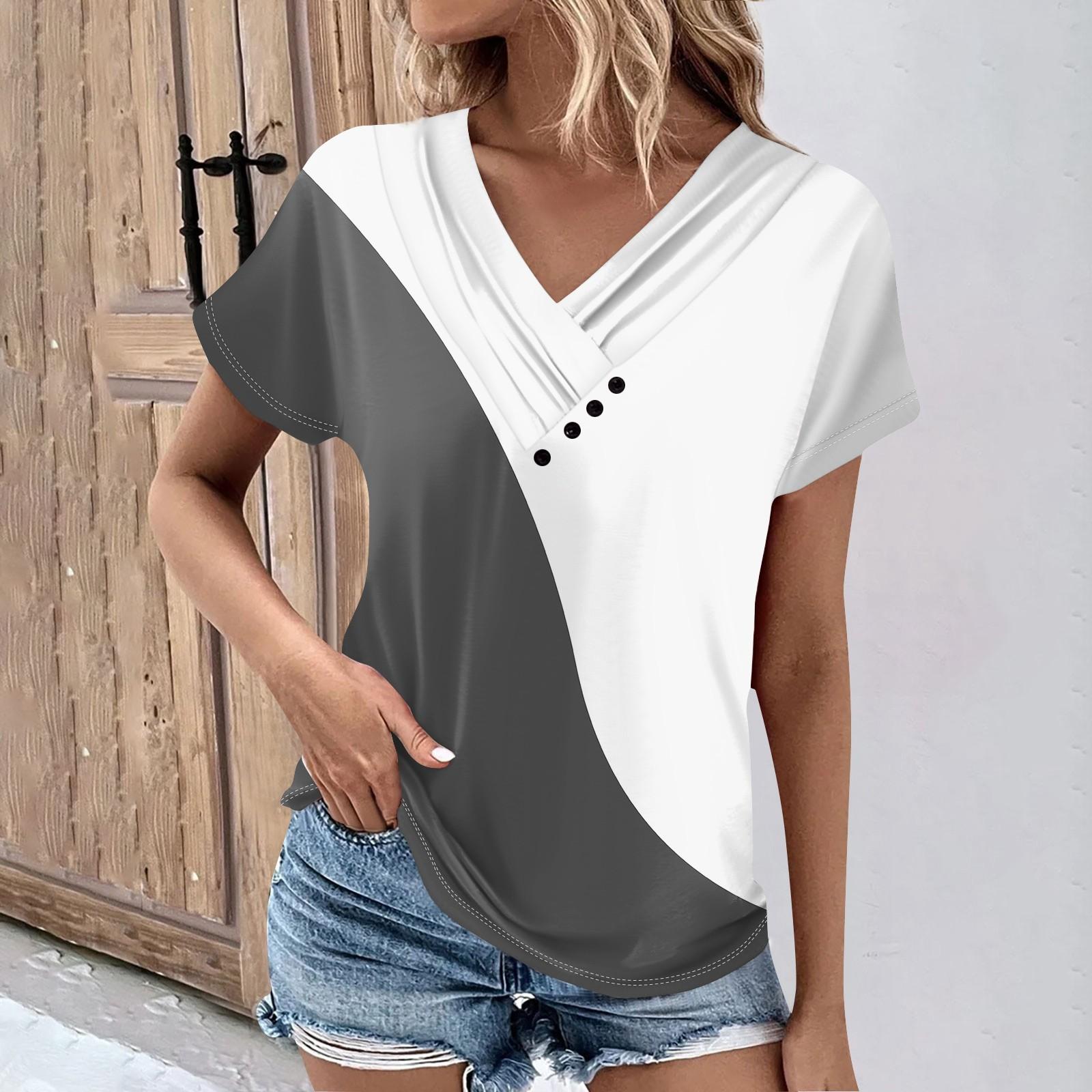 

Женская футболка, повседневная футболка с v-образным вырезом и короткими рукавами, топ на пуговицах с принтом M серый