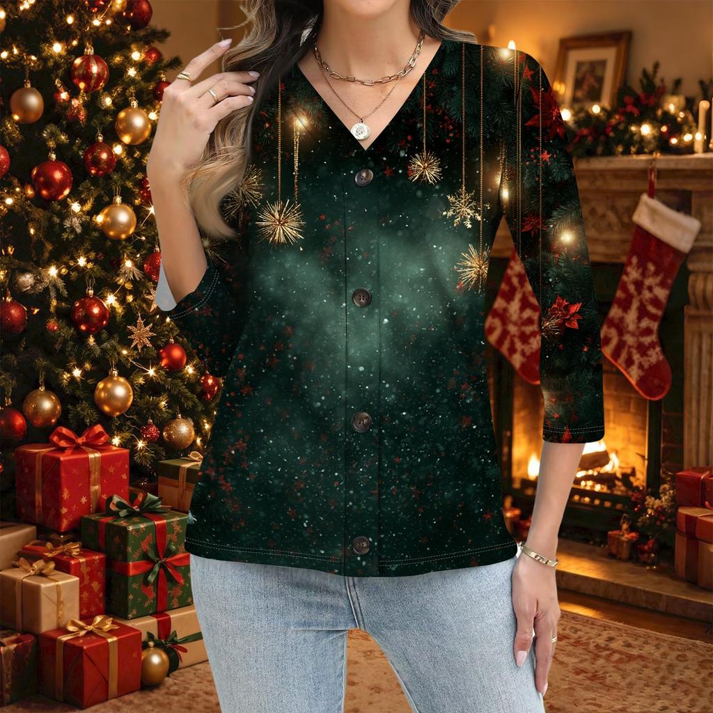 Women's Casual Christmas Print Button Down Shirt with Three-Quarter Sleeve