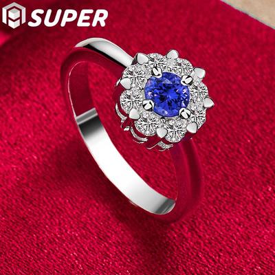 925 Sterling Silver Bule Round AAA Zircon Ring Jewelry