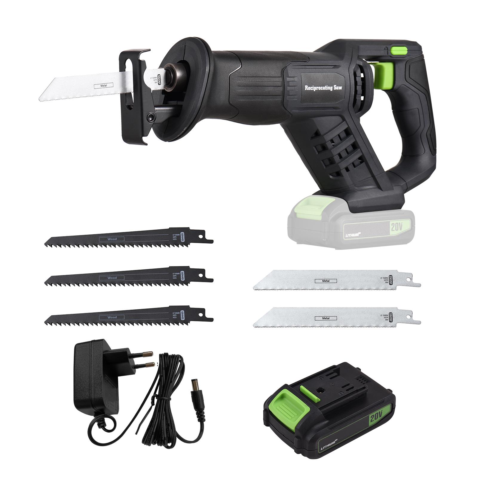 

Аккумуляторная сабельная пила 20 В, ручная электрическая пила с переменной скоростью, 3000 об/мин, быстрая батарея 2,0 Ач EU Plug чёрный