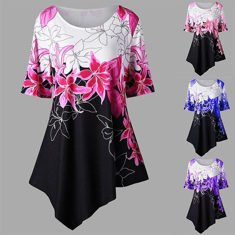 Fashionable Women Ladies Asymmetric Hem Floral Print T-shirt Tunic Tops For All Sizes