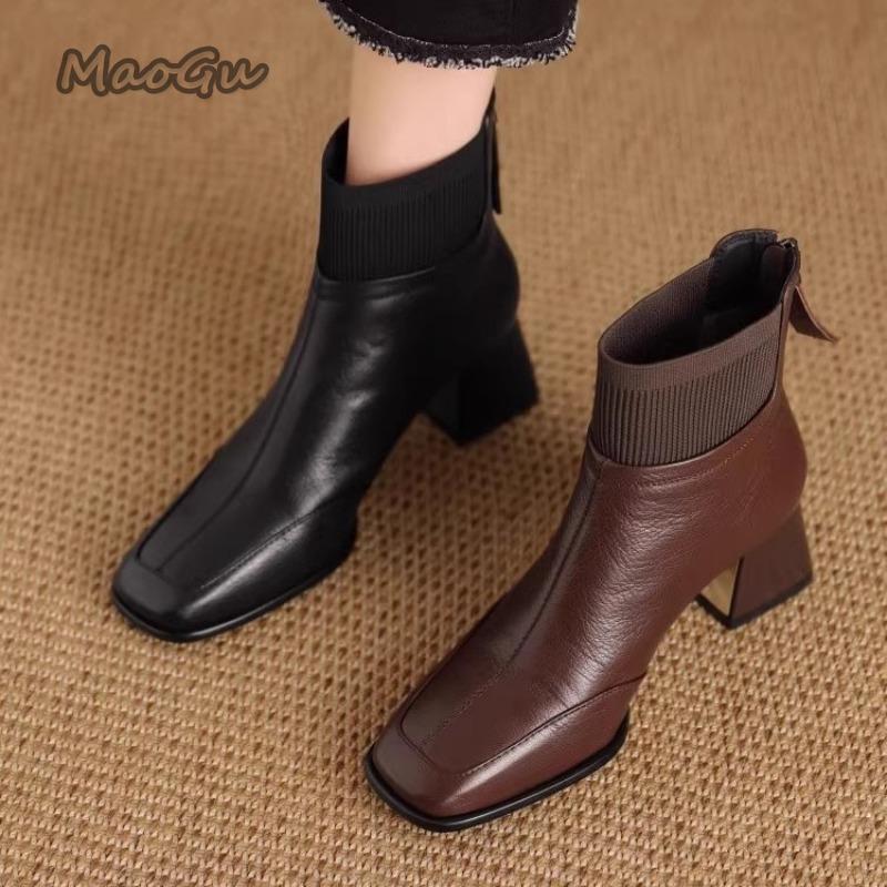 Fashion 5cm Retro Elastic Short Boots for Women Autumn Winter 2025 New Zip Chunky Middle Heel Knitted Mouth Boots Botines Para Mujeres