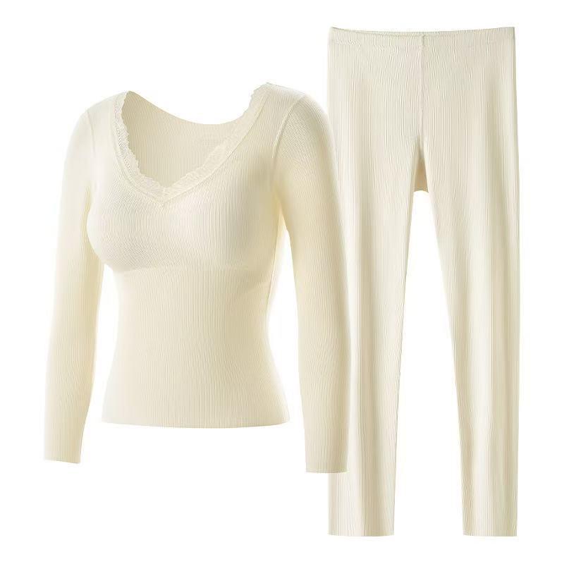 Women's Cashmere & Silk Lace V-Neck Long Sleeve Slimming Top Set