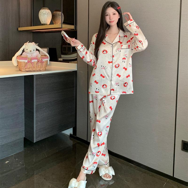 French Cute Cat Ice Silk Pajamas Women'S Spring And Autumn Sweet Wind Cool Long-Sleeved Loungewear Suit Can Be Worn Outside