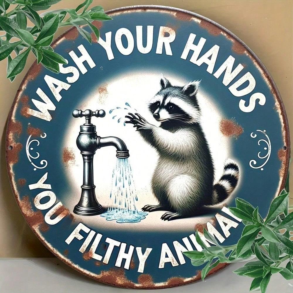 Retro Round Tin Sign Wall Art - 8 Inch Vintage Raccoon Rustic Plaque for Home Bar Kitchen Decor